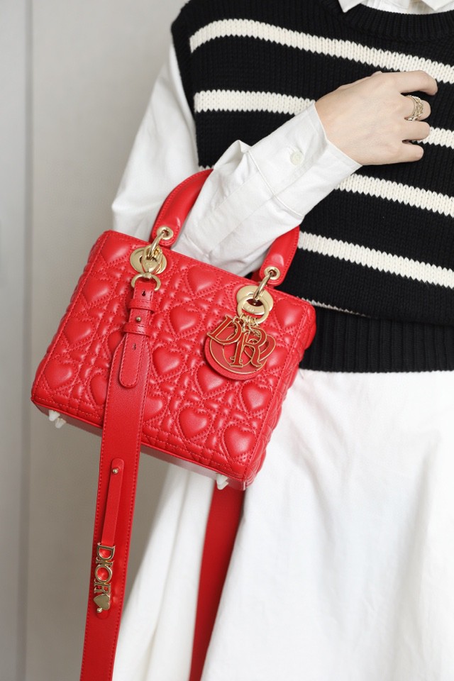 Dior SMALL LADY DIOR MY ABCDIOR BAG Red Cannage Calfskin with hearts Motif