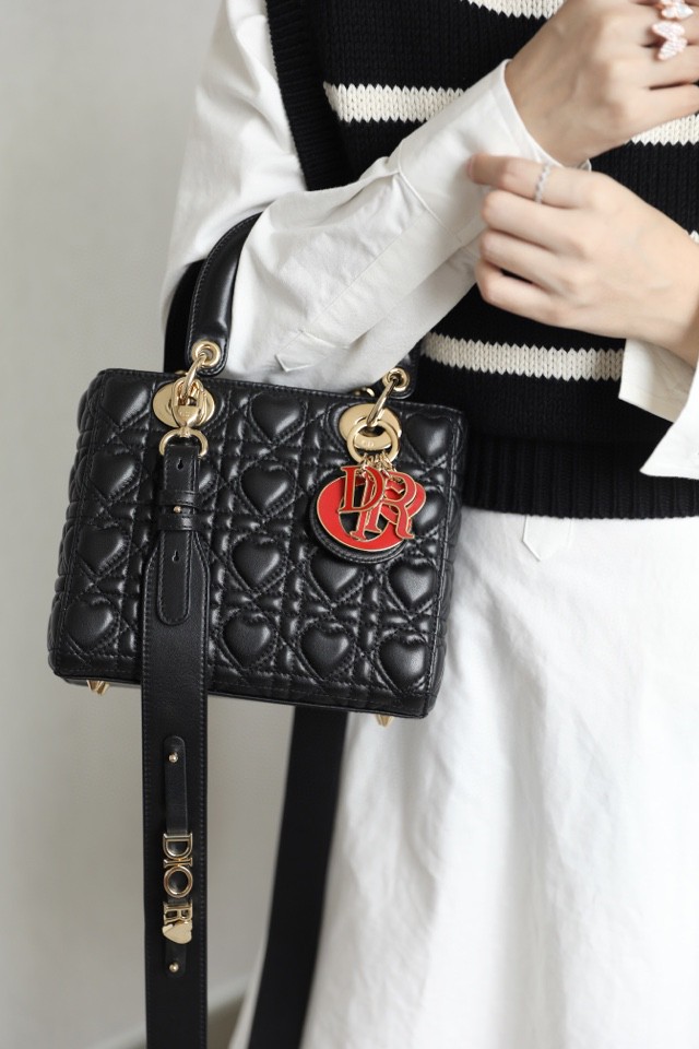 Dior SMALL LADY DIOR MY ABCDIOR BAG Black Cannage Calfskin with hearts Motif