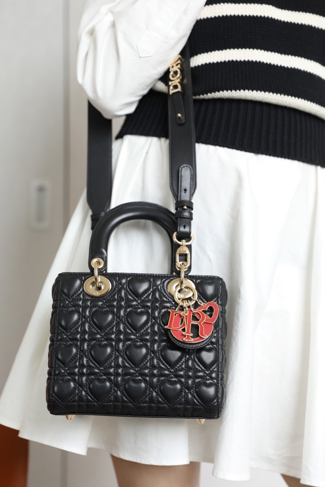Dior SMALL LADY DIOR MY ABCDIOR BAG Black Cannage Calfskin with hearts Motif