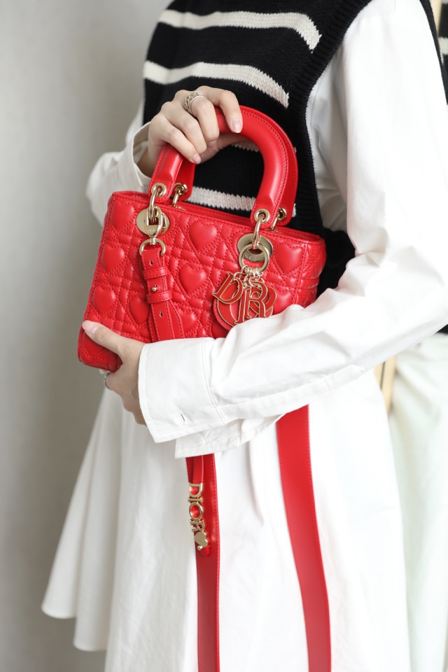 Dior SMALL LADY DIOR MY ABCDIOR BAG Red Cannage Calfskin with hearts Motif