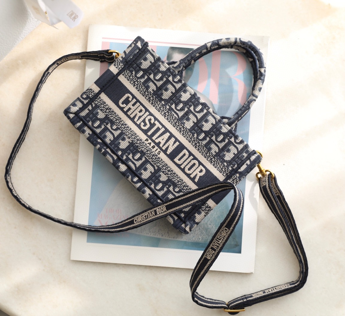 DIOR MINI DIOR BOOK TOTE WITH STRAP Blue and Beige Dior Oblique Embroidery S5573CRIW