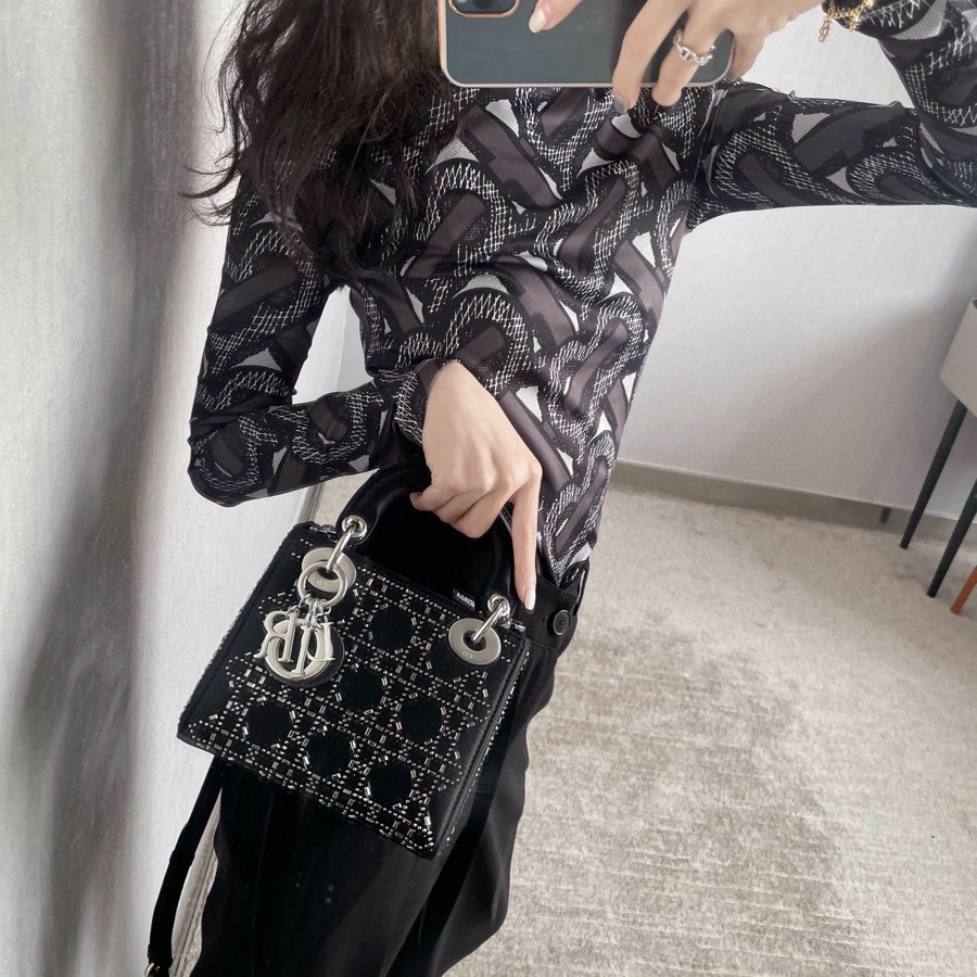 DIOR MINI LADY DIOR BAG Black Strass Cannage Satin M0500PRTC