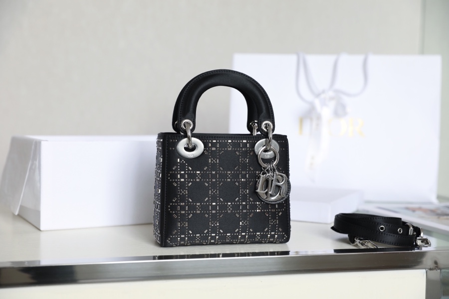 DIOR MINI LADY DIOR BAG Black Strass Cannage Satin M0500PRTC