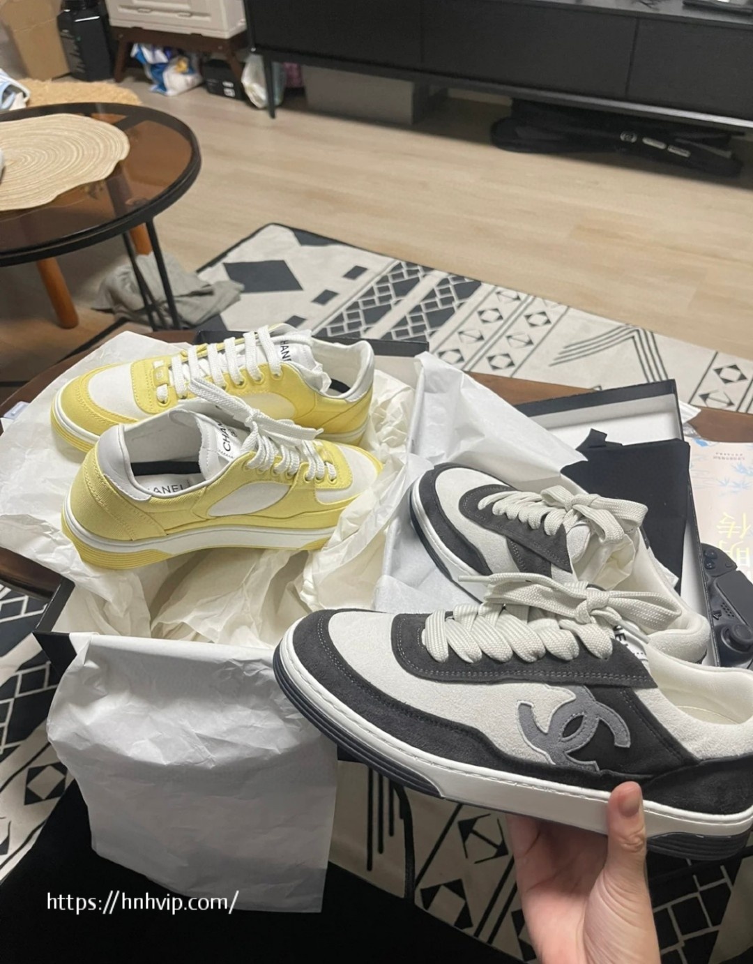 Chanel white and yellow sneakers