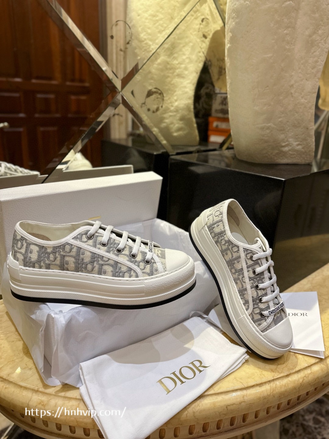 Dior WALK'N'DIOR PLATFORM SNEAKER Stone Gray Dior Oblique Embroidered Cotton