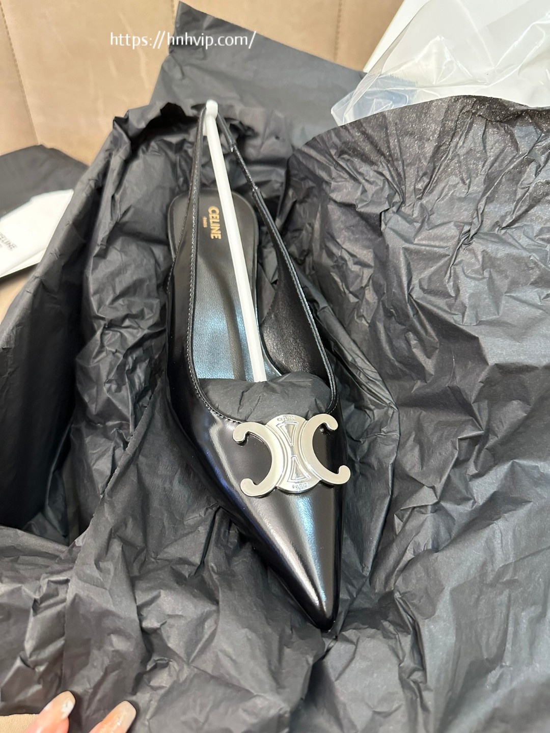 Celine 356834371C CELINE ALMA TRIOMPHE SLINGBACK IN GLOSSY CALFSKIN BLACK