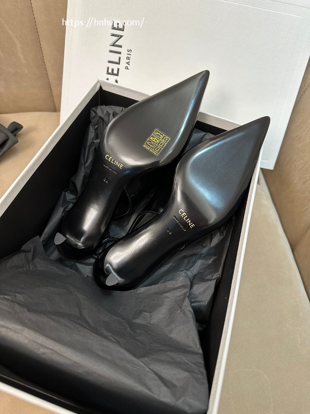 Celine 356834371C CELINE ALMA TRIOMPHE SLINGBACK IN GLOSSY CALFSKIN BLACK