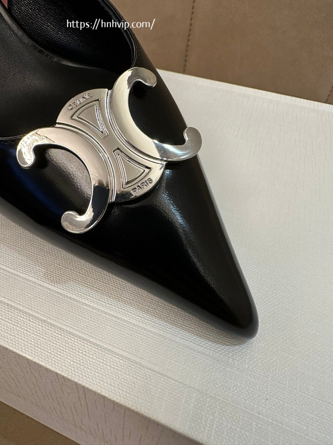 Celine 356834371C CELINE ALMA TRIOMPHE SLINGBACK IN GLOSSY CALFSKIN BLACK