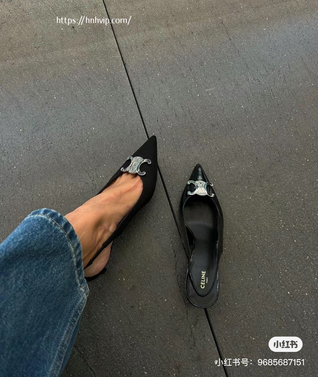 Celine 356834371C CELINE ALMA TRIOMPHE SLINGBACK IN GLOSSY CALFSKIN BLACK