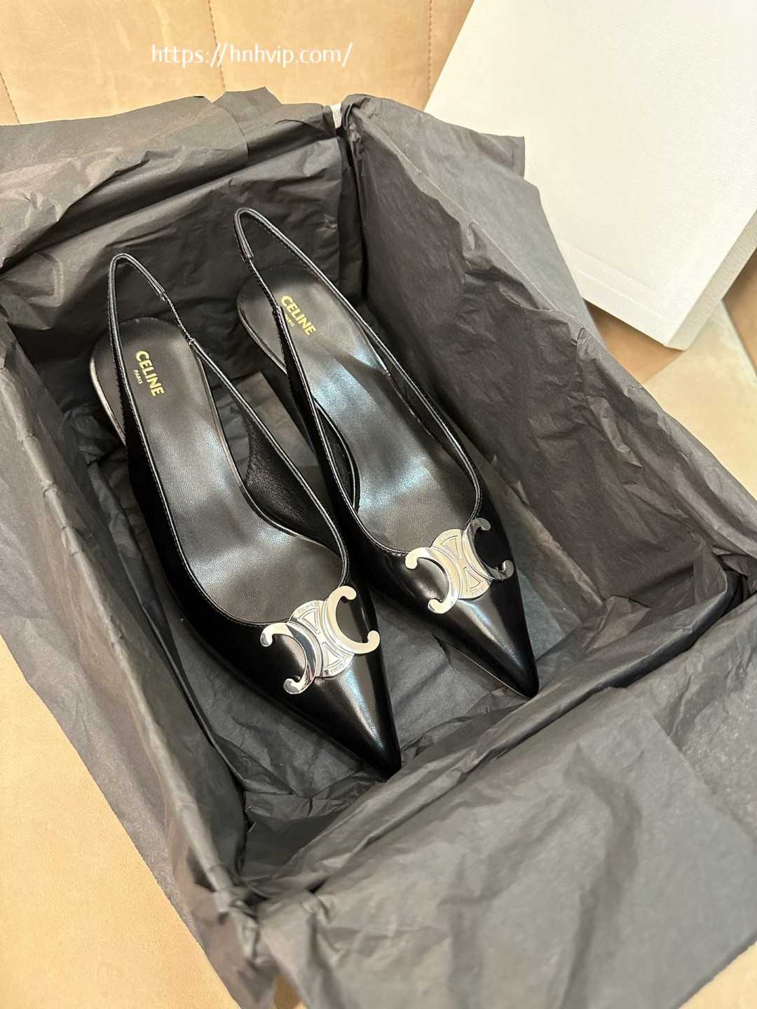 Celine 356834371C CELINE ALMA TRIOMPHE SLINGBACK IN GLOSSY CALFSKIN BLACK