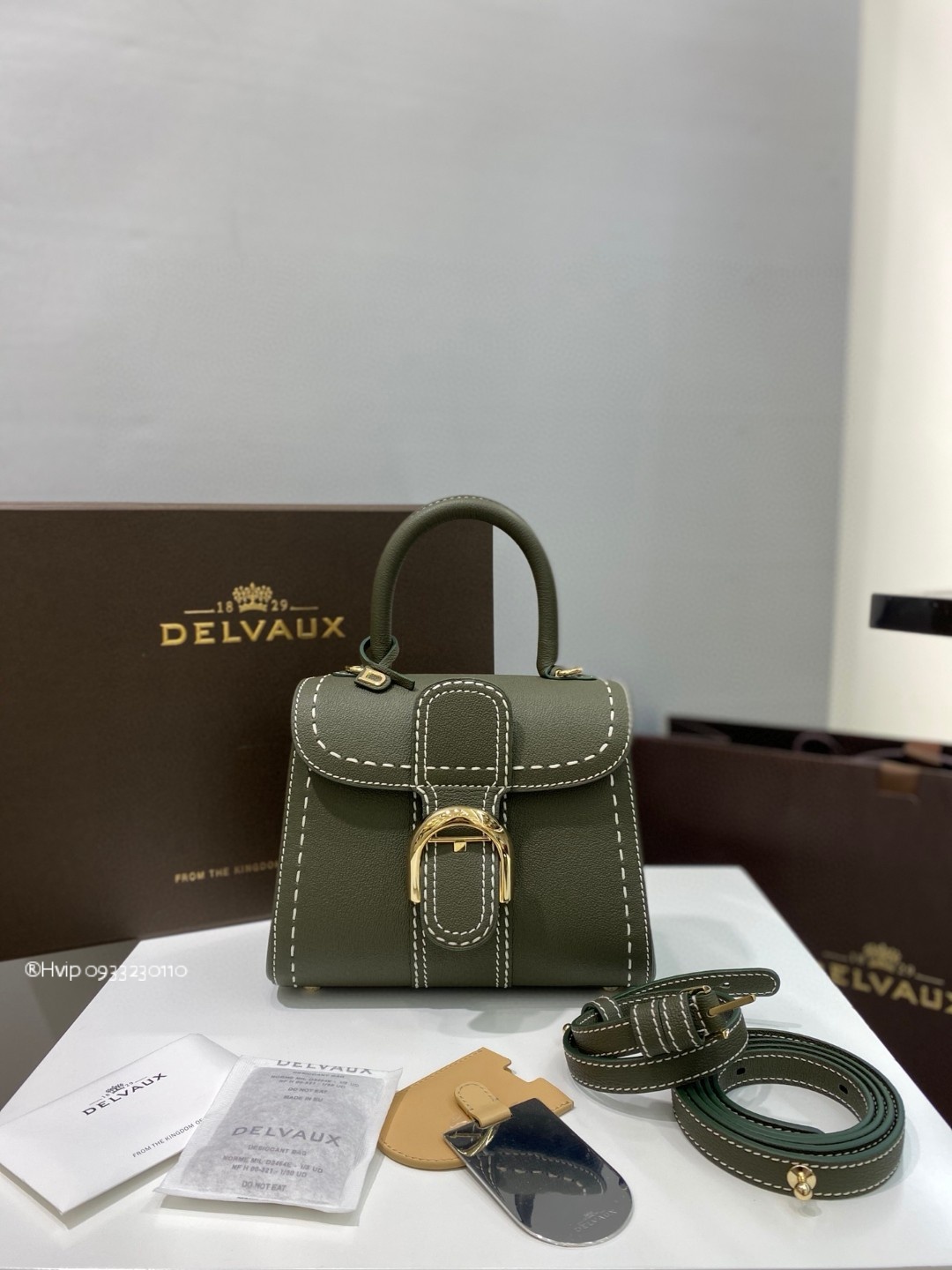 Delvaux Brillant Mini Surpiqué grained Calf leather Khaki