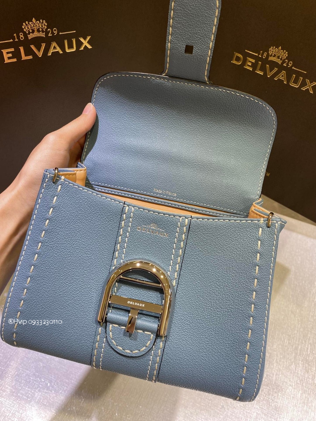 Delvaux Brillant Mini Surpiqué grained Calf leather cloud blue