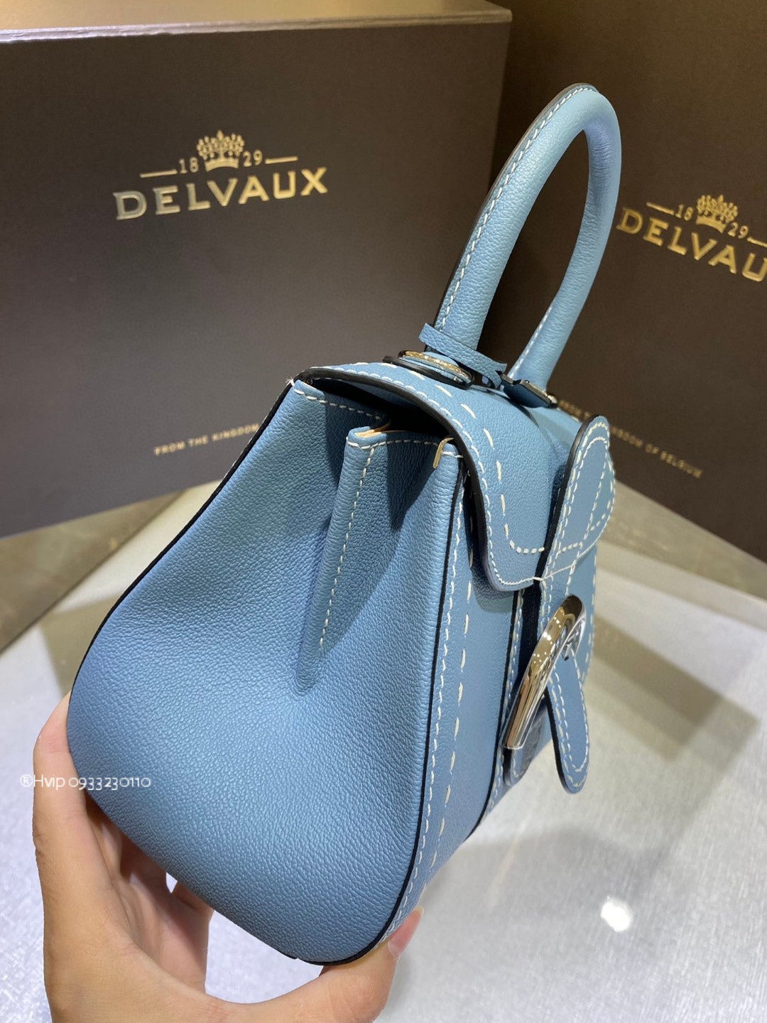 Delvaux Brillant Mini Surpiqué grained Calf leather cloud blue
