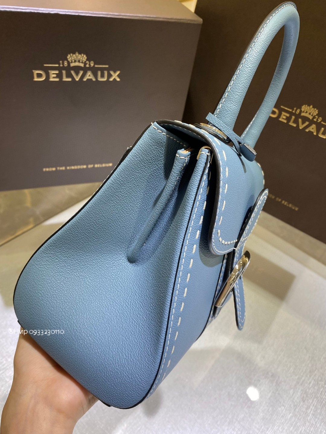 Delvaux Brillant PM Surpiqué grained Calf leather clouds blue