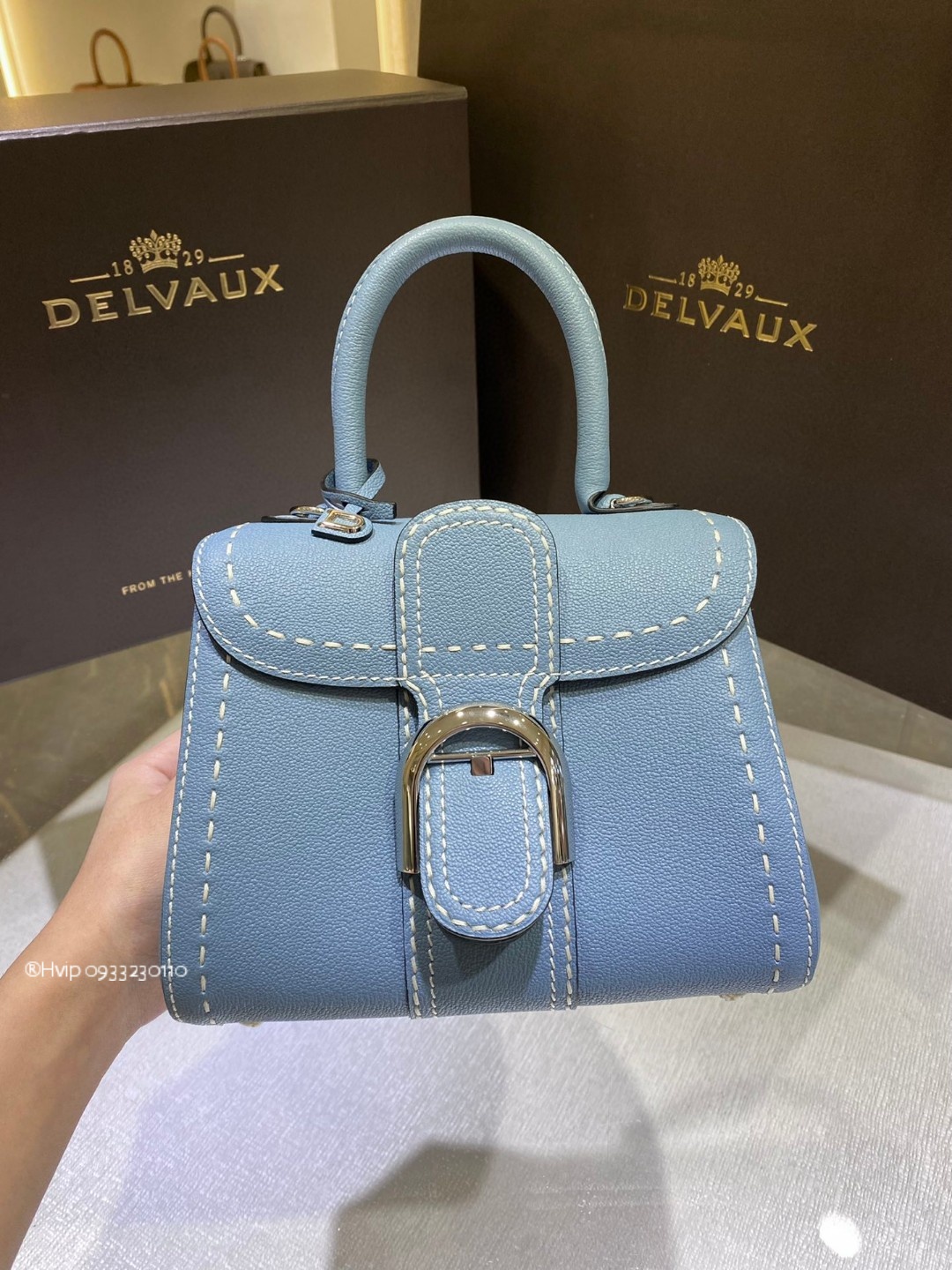 Delvaux Brillant Mini Surpiqué grained Calf leather cloud blue