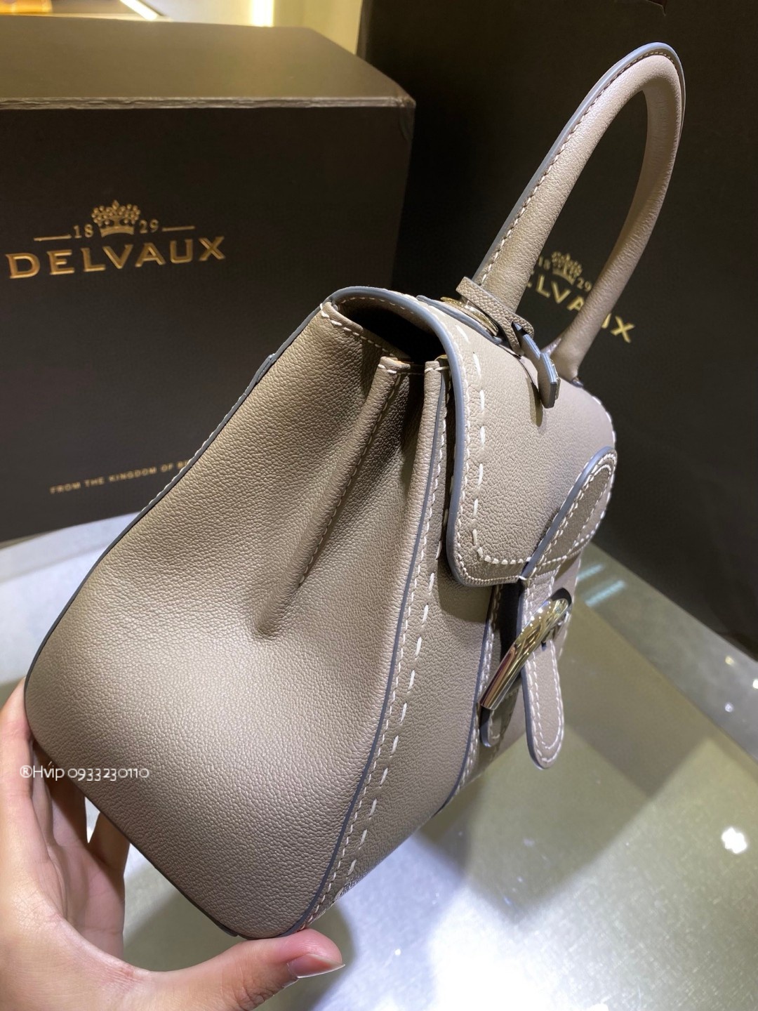 Delvaux Brillant MM Surpiqué grained Calf leather Tourterelle I - Ivory