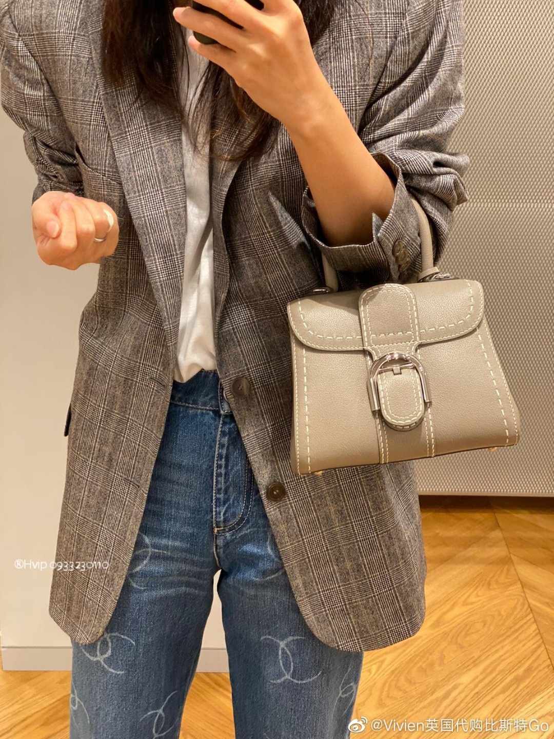 Delvaux Brillant MM Surpiqué grained Calf leather Tourterelle I - Ivory