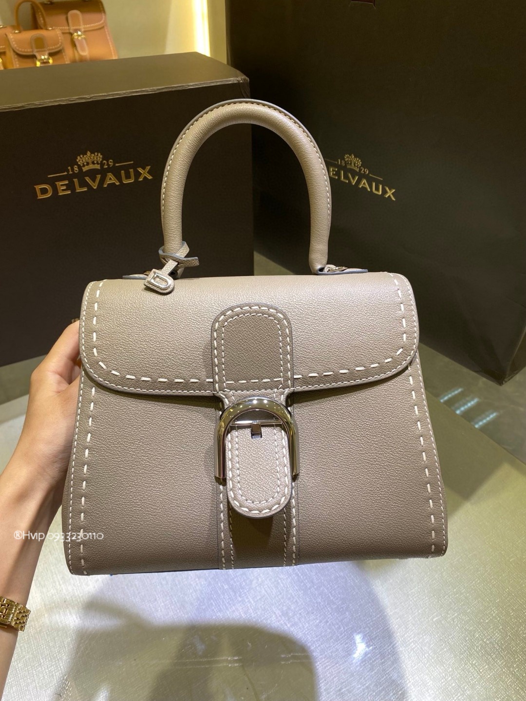 Delvaux Brillant MM Surpiqué grained Calf leather Tourterelle I - Ivory
