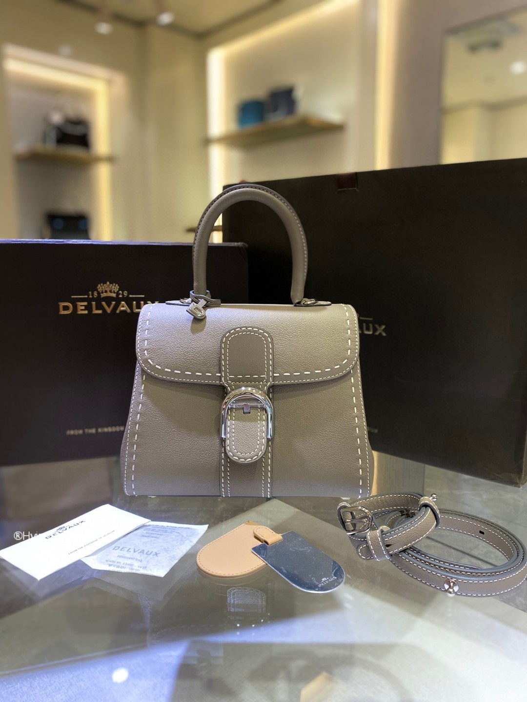 Delvaux Brillant MM Surpiqué grained Calf leather Tourterelle I - Ivory