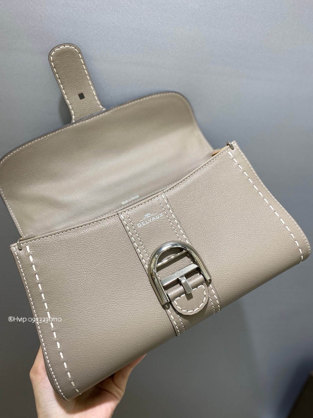 Delvaux Brillant PM Surpiqué grained Calf leather Tourterelle I - Ivory