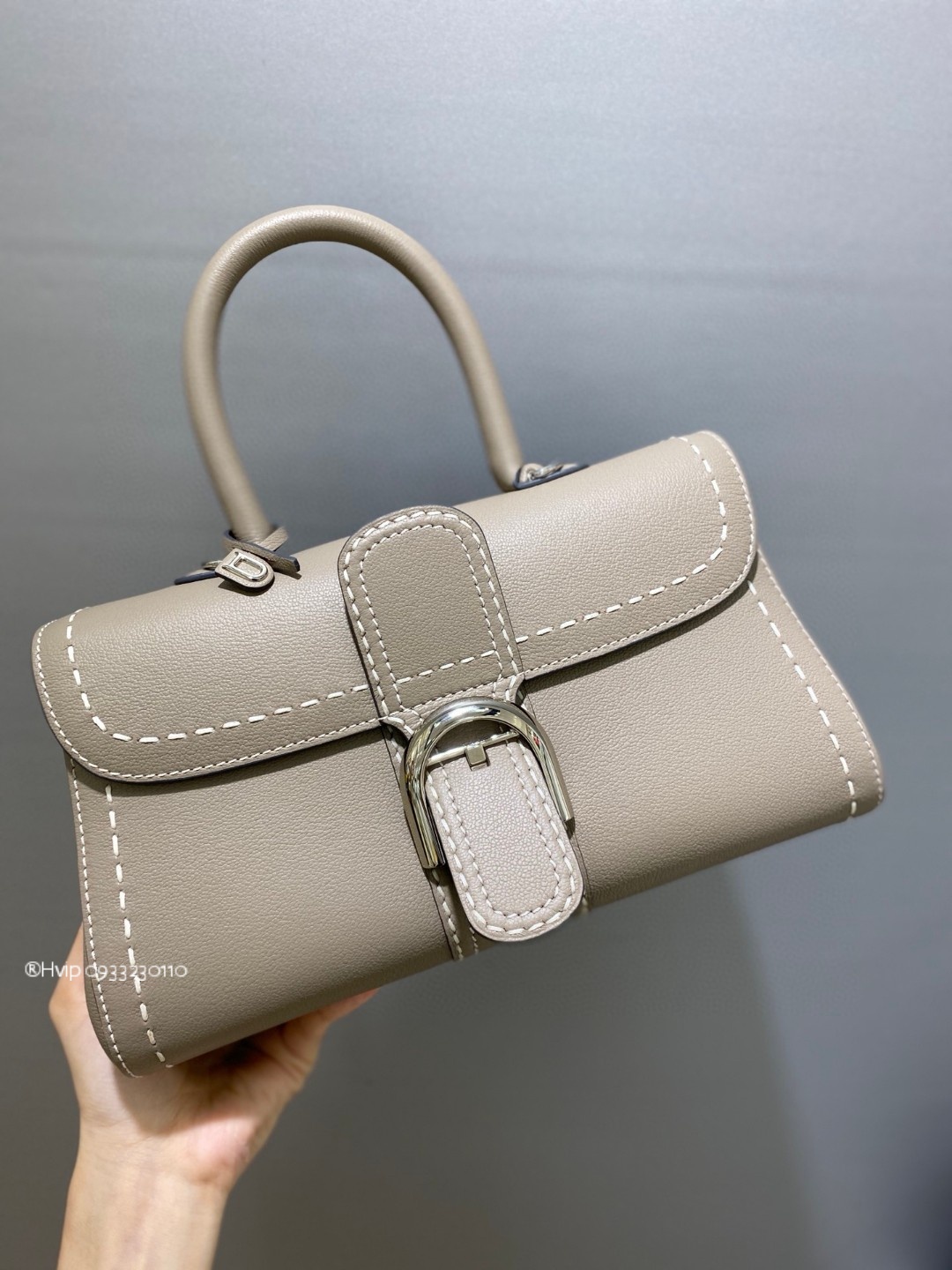 Delvaux Brillant PM Surpiqué grained Calf leather Tourterelle I - Ivory