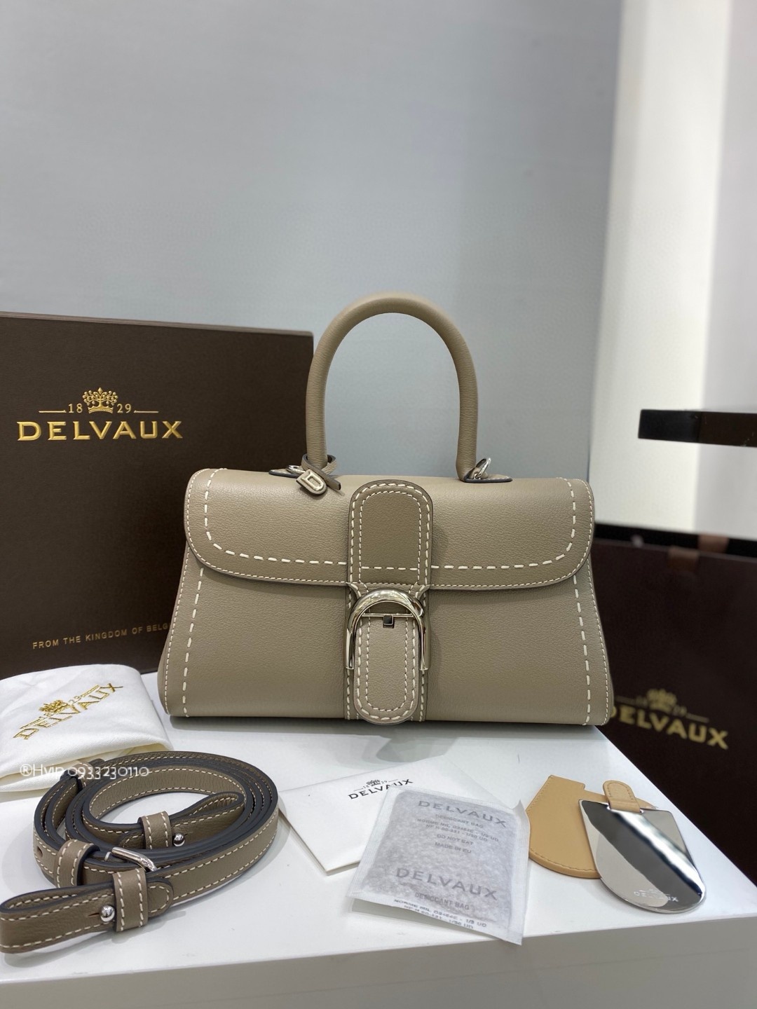 Delvaux Brillant PM Surpiqué grained Calf leather Tourterelle I - Ivory
