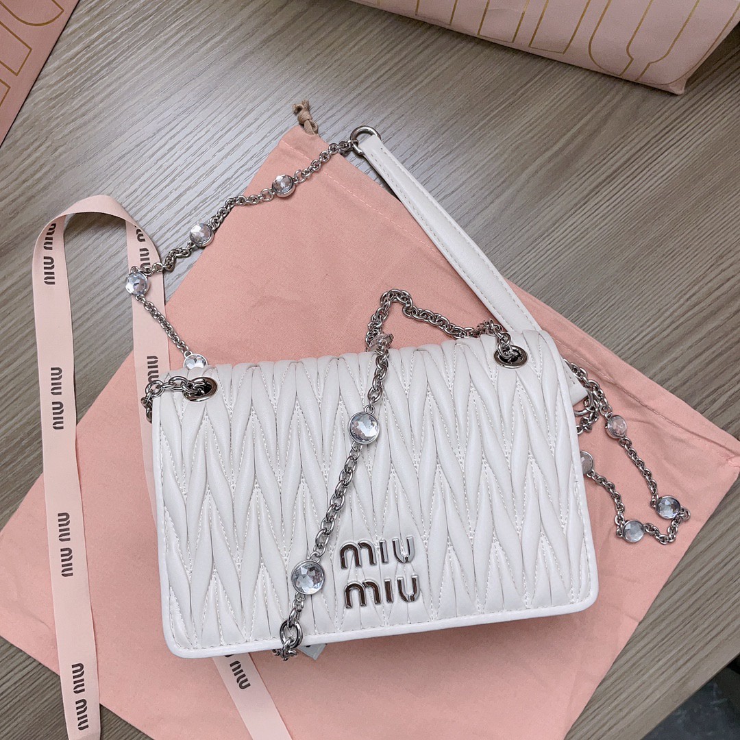 Miu Miu 5BP065 Matelassé nappa leather and crystal mini-bag white M1