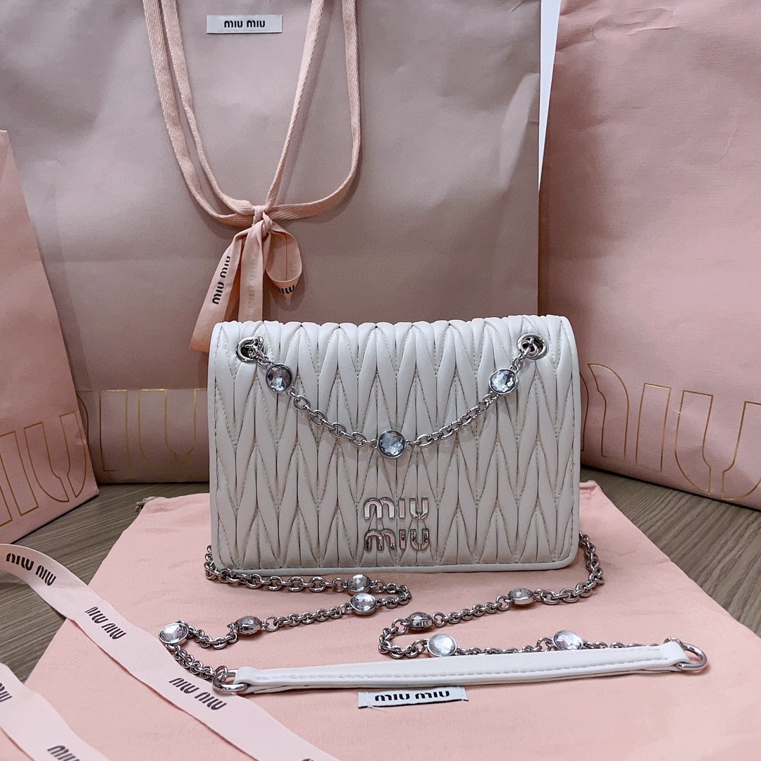 Miu Miu 5BP065 Matelassé nappa leather and crystal mini-bag white M1