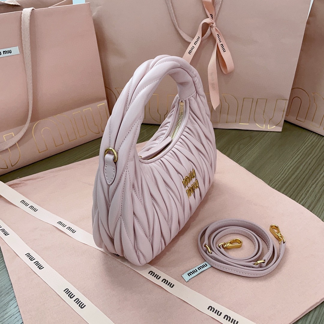 Miu Miu 5BC125 Wander matelasse nappa leather hobo bag Alabaster Pink M1