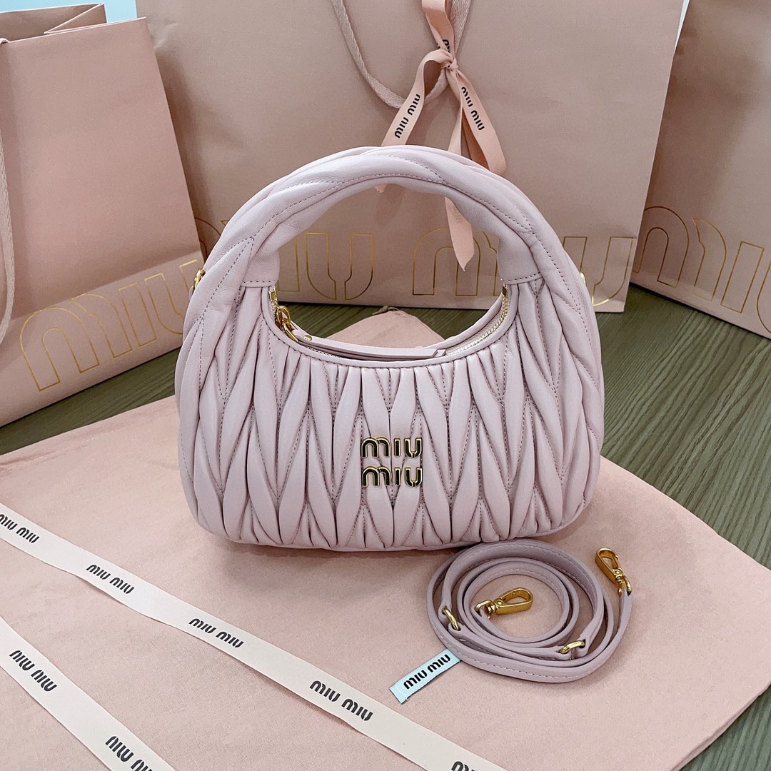 Miu Miu 5BC125 Wander matelasse nappa leather hobo bag Alabaster Pink M1