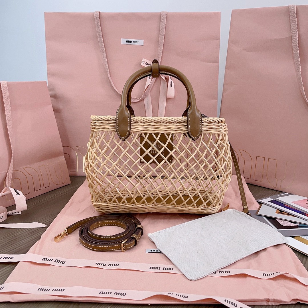 Miu Miu 5BA286 Woven fabric handbag with leather trim M1