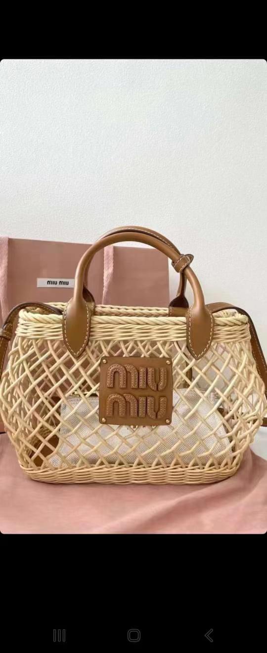 Miu Miu 5BA286 Woven fabric handbag with leather trim M1