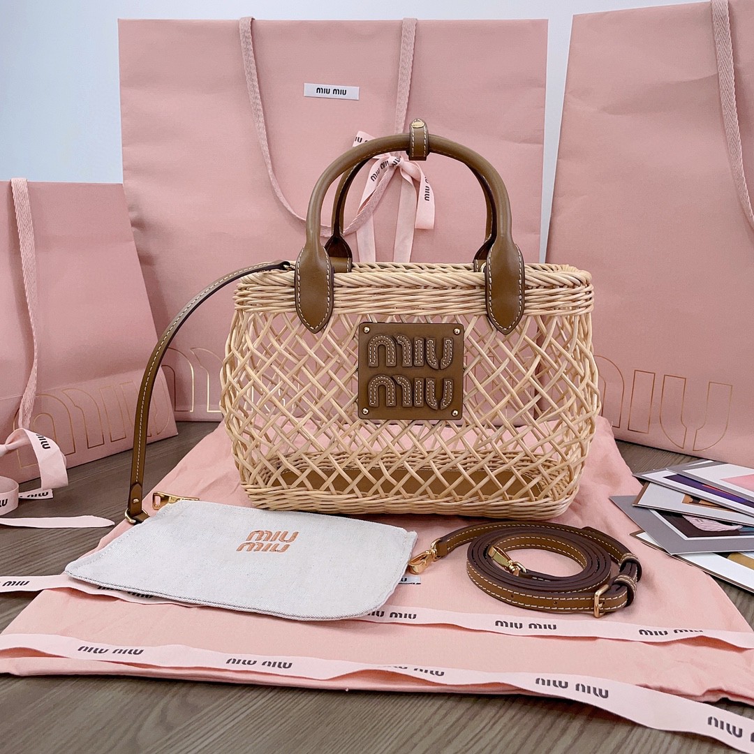 Miu Miu 5BA286 Woven fabric handbag with leather trim M1