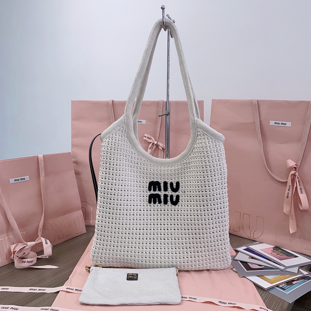 Miu Miu 5BG231_2CQY_F0N13_V_MRO Raffia-effect yarn and cotton tote bag M1
