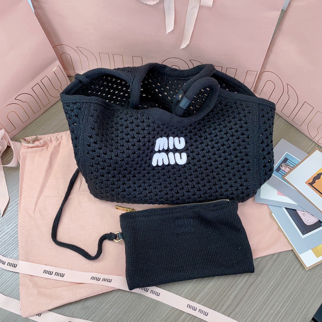 Miu Miu 5BG281_2F8E_F0N12_V_OOO IVY mesh cotton bag Black/Chalk White M1