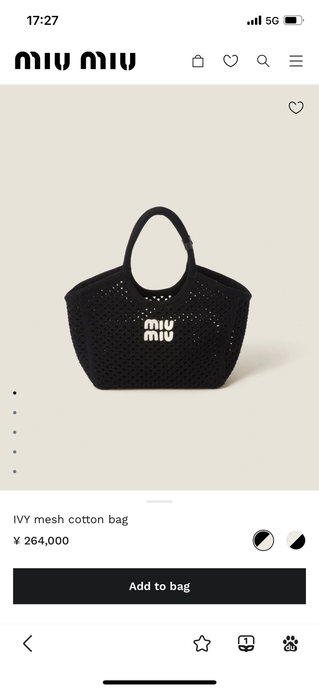Miu Miu 5BG281_2F8E_F0N12_V_OOO IVY mesh cotton bag Black/Chalk White M1