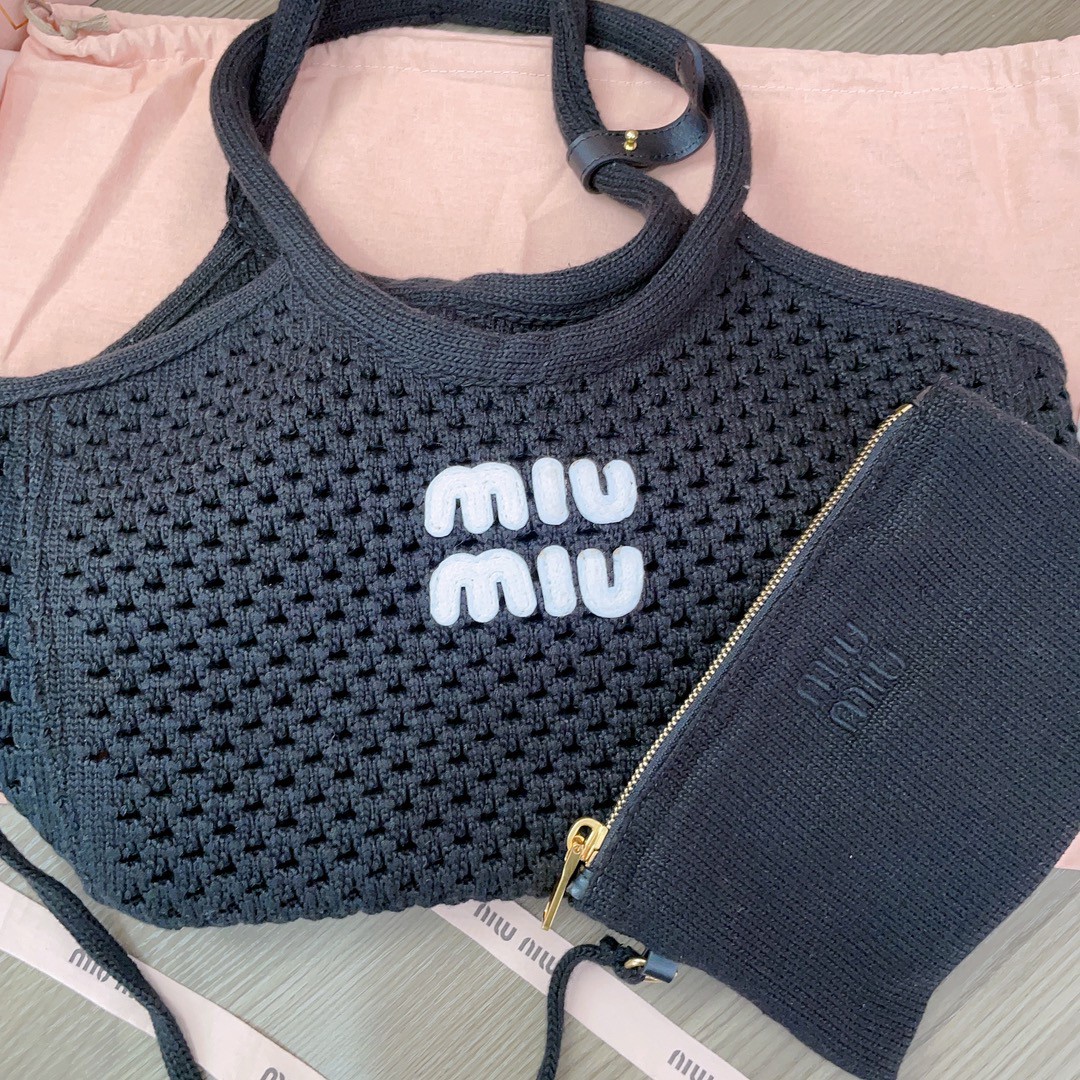 Miu Miu 5BG281_2F8E_F0N12_V_OOO IVY mesh cotton bag Black/Chalk White M1