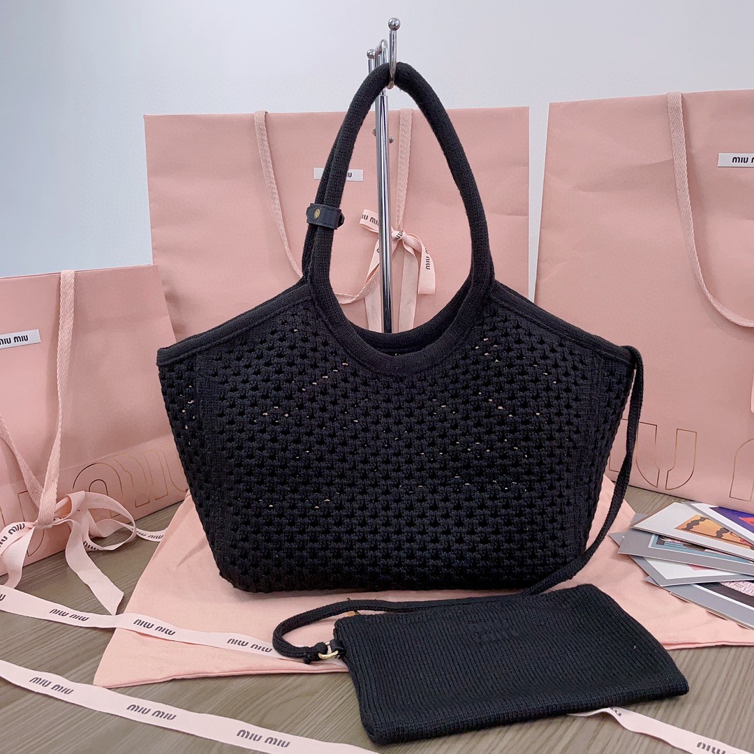 Miu Miu 5BG281_2F8E_F0N12_V_OOO IVY mesh cotton bag Black/Chalk White M1