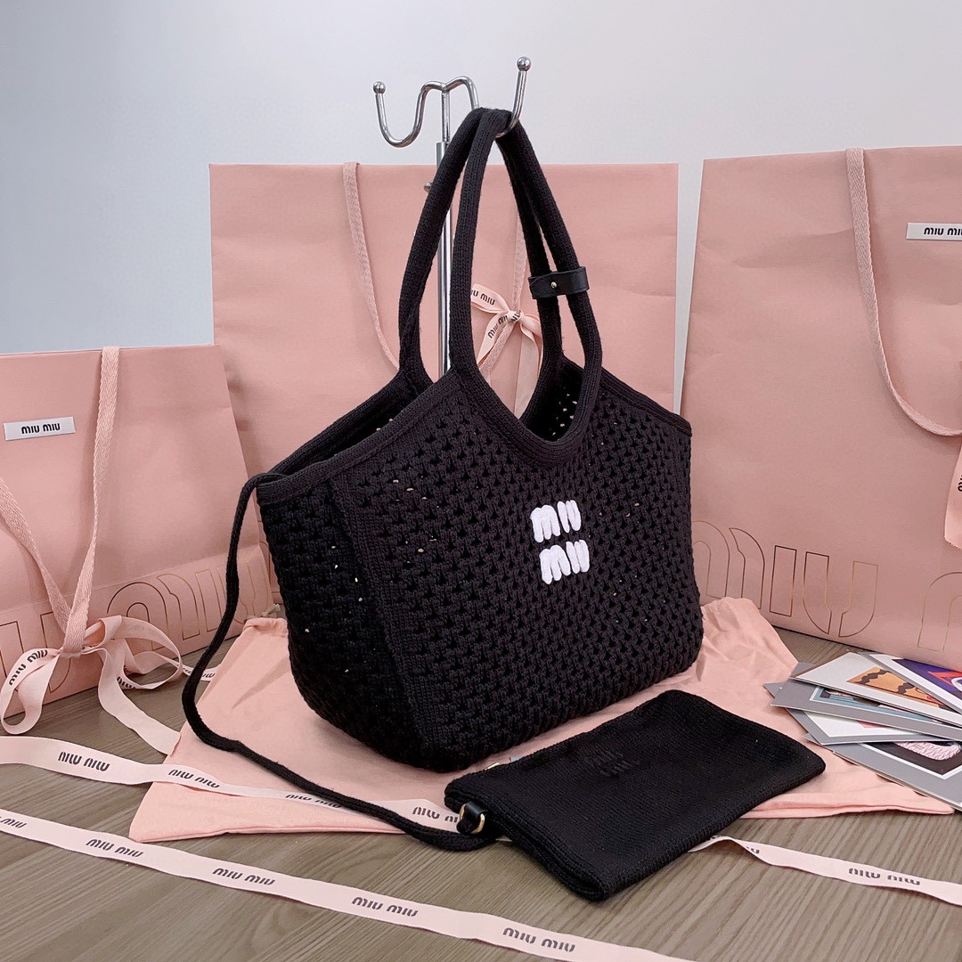 Miu Miu 5BG281_2F8E_F0N12_V_OOO IVY mesh cotton bag Black/Chalk White M1