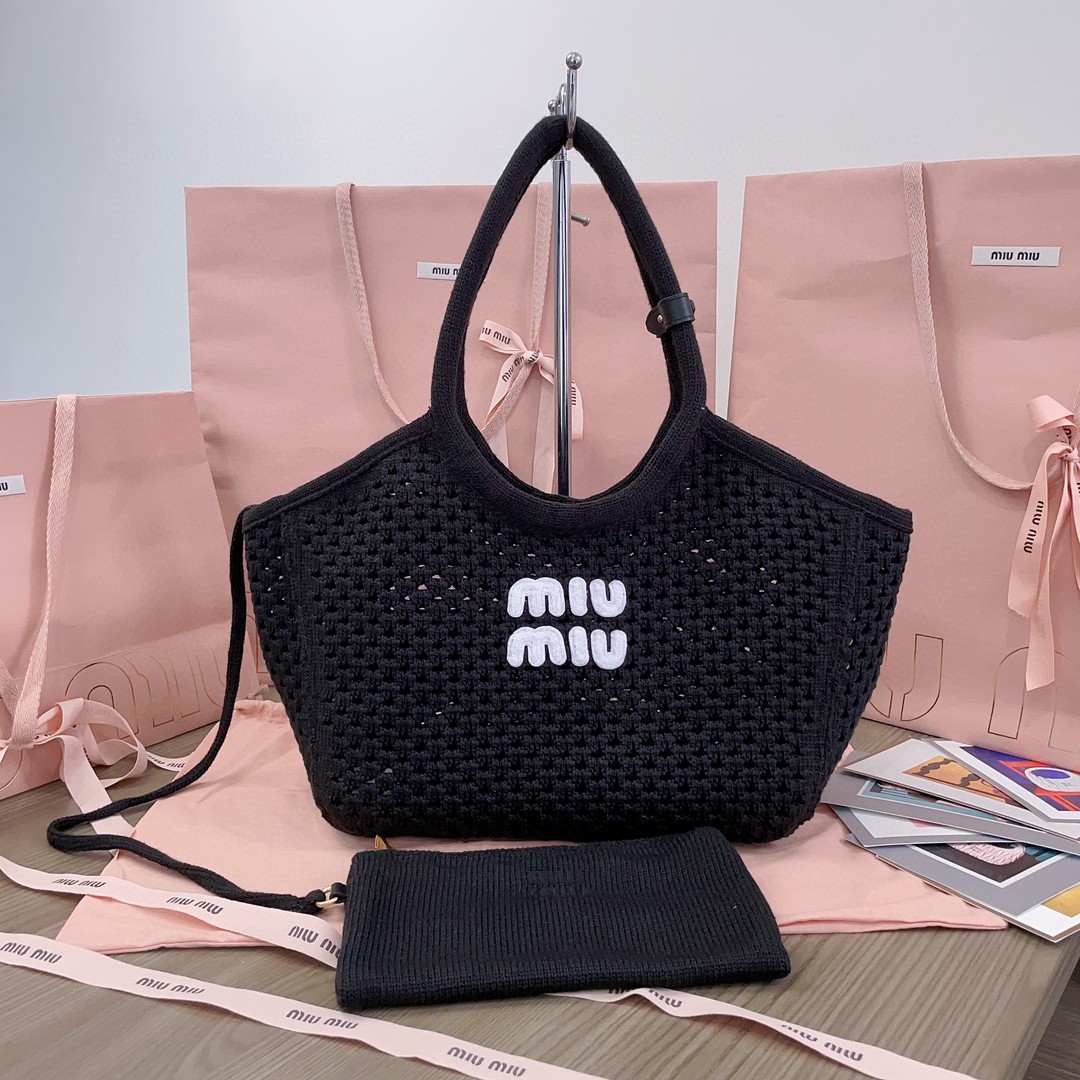 Miu Miu 5BG281_2F8E_F0N12_V_OOO IVY mesh cotton bag Black/Chalk White M1