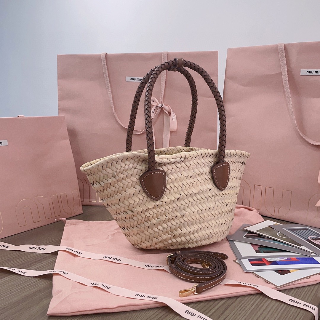 Miu Miu 5BG273_2DDH_F0A5T_V_OOO Woven fabric tote bag Beige/Cognac M1