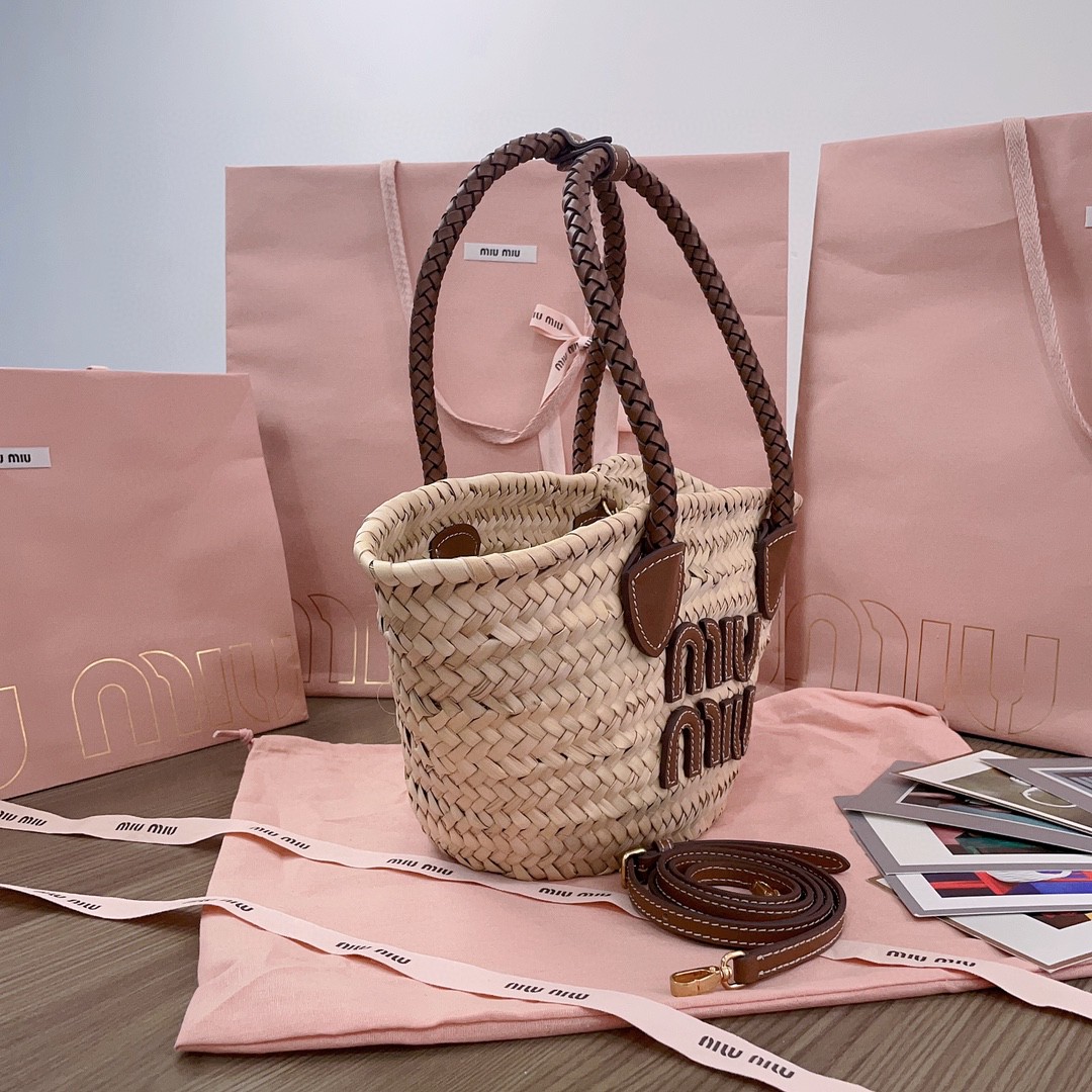 Miu Miu 5BG273_2DDH_F0A5T_V_OOO Woven fabric tote bag Beige/Cognac M1