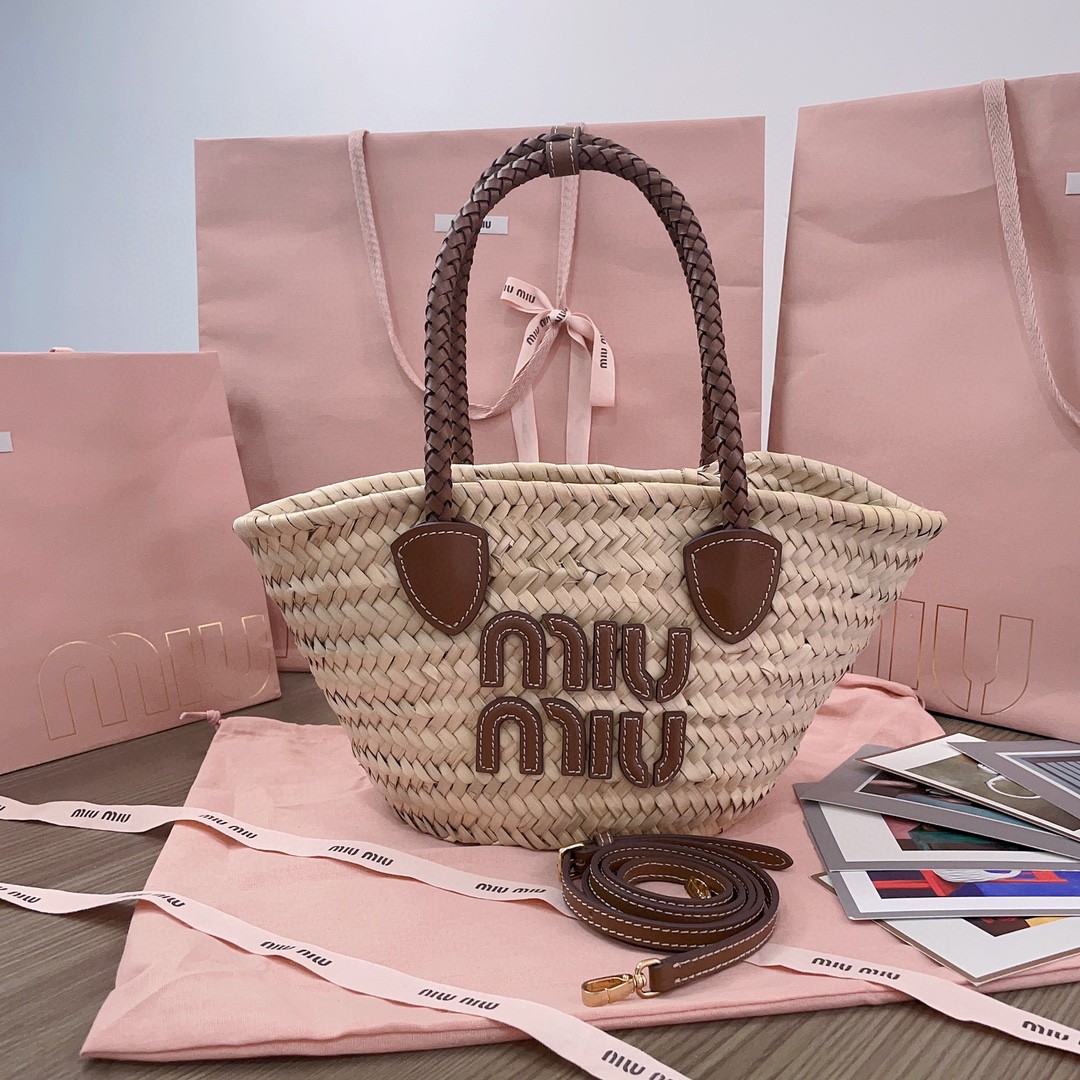 Miu Miu 5BG273_2DDH_F0A5T_V_OOO Woven fabric tote bag Beige/Cognac M1