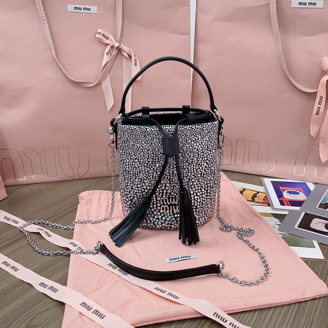 Miu Miu 5BE085 Glass-Crystal Bucket Bag black M1