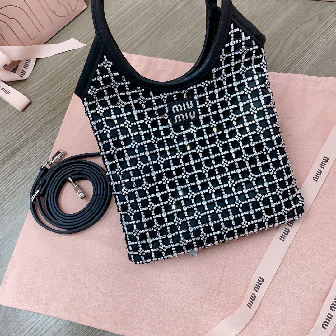 Miu Miu 5BA281 black Satin Handbag With Synthetic Crystals M1
