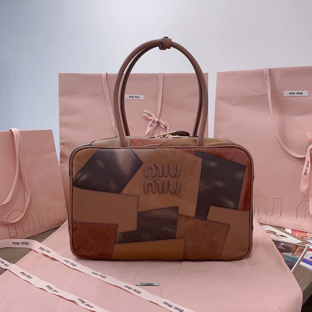 Miu Miu Leather patchwork Beau bag 5BB117_2CRI_F0046_V_MLN Cognac M1