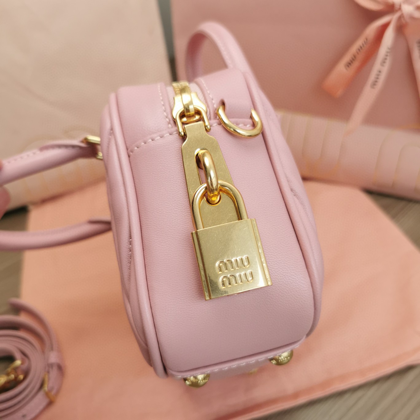 Miu Miu Arcadie matelassé nappa leather bag 5BB123 pink M1 .
