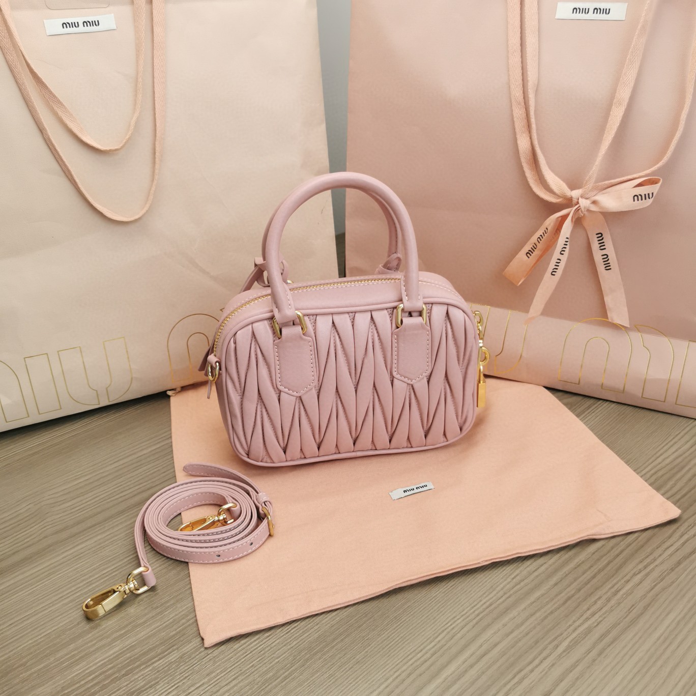 Miu Miu Arcadie matelassé nappa leather bag 5BB123 pink M1 .