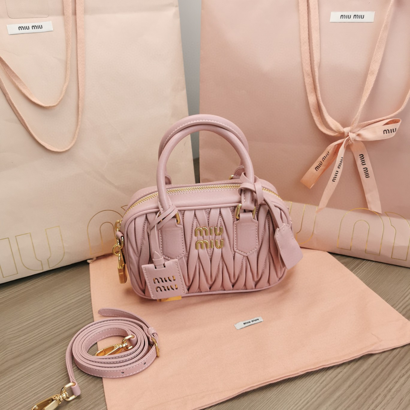Miu Miu Arcadie matelassé nappa leather bag 5BB123 pink M1 .