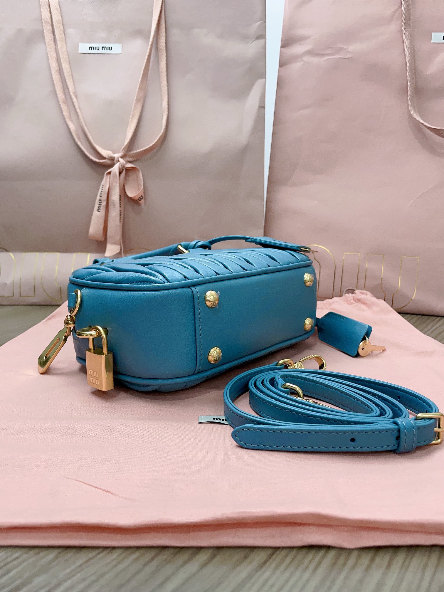 Miu Miu Arcadie matelassé nappa leather bag 5BB123 Marine blue M1
